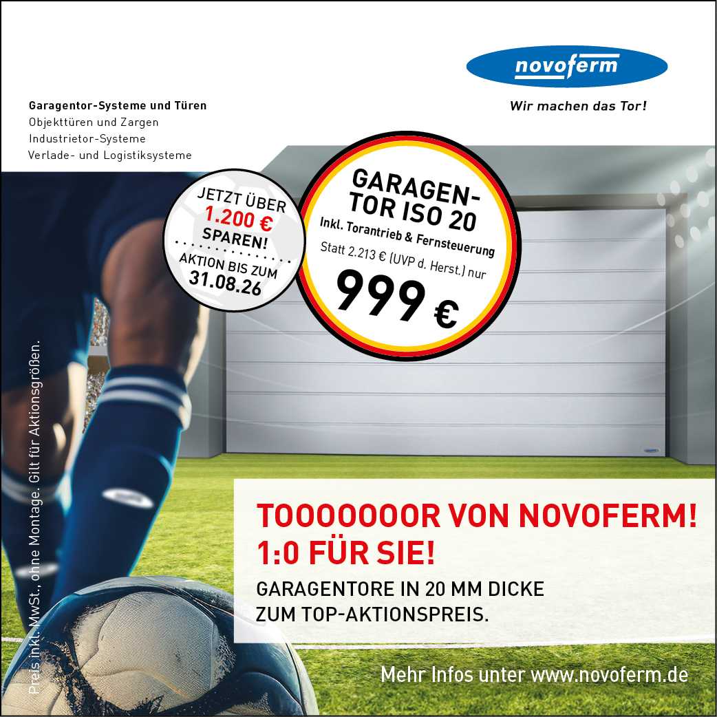 Novoferm Garage door sale ad with large circular price tag (999€) and捷 front lawn, promoting 1:0 for you offer in German.