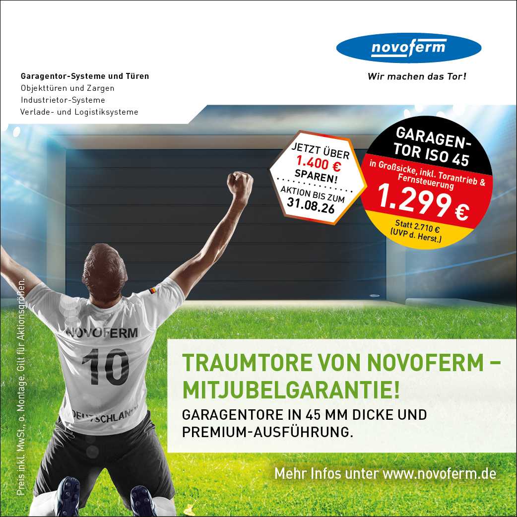 Footballer in Novoferm jersey raises arms in front of a closed garage door on a sunny field; ad promoting Novoferm garage doors.